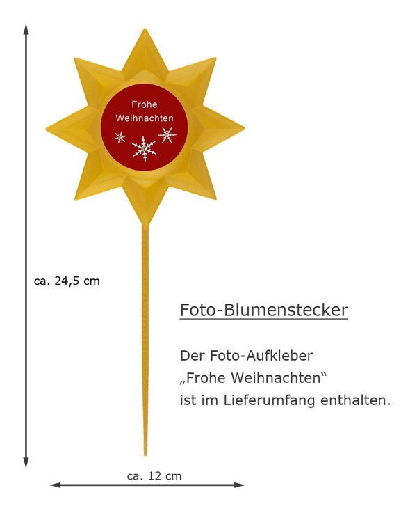 Foto-Blumenstecker in Sternform mit einem Foto-Aufkleber und Text "Frohe Weihnachten"