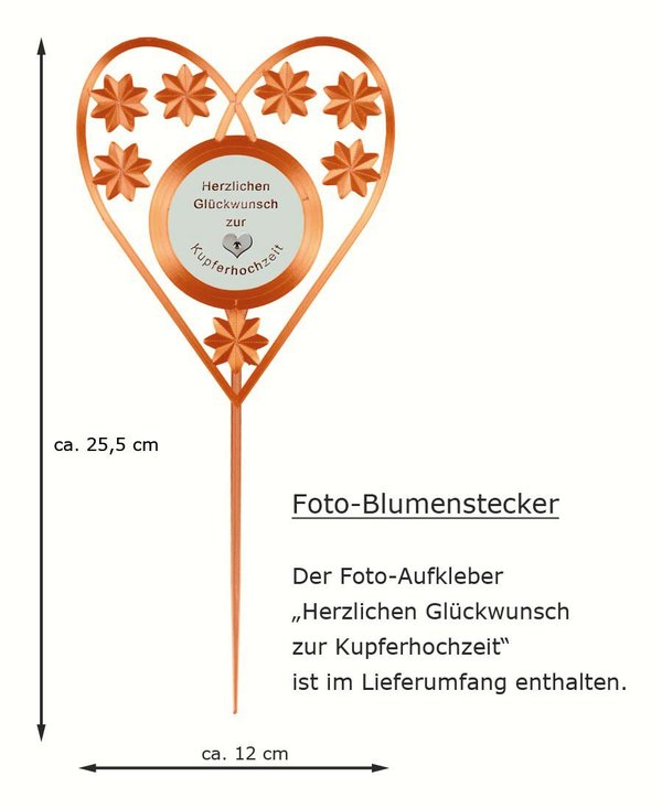 Blumenstecker Blumenherz kupferfarben-mit Foto-Aufkleber und dem Text "Herzlichen Glückwunsch zur Kupferhochzeit"
