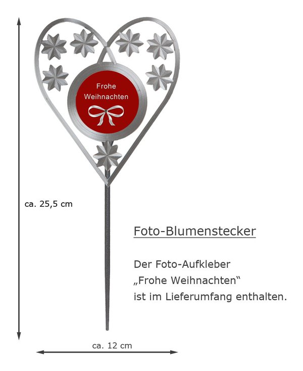Foto-Blumenstecker in Herzform mit Blüten-metallische Optik in silberfarben dunkel- Schriftzug "Frohe Weihnachten"