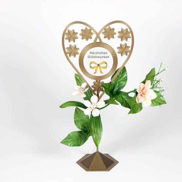 Blumenstecker in Herzform mit Blüten bronzefarben- Foto-Aufkleber mit Text "Herzlichen Glückwunsch"