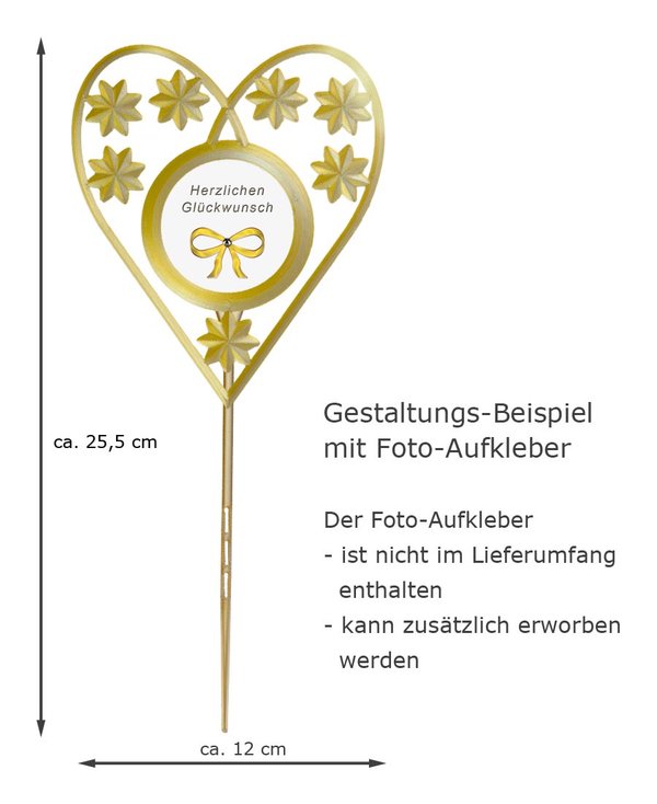 Blumenstecker Blumenherz zum selbst gestalten-silber-goldfarben-mit Foto-Aufkleber und Text "Herzlichen Glückwunsch"