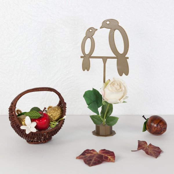 Blumenstecker-Dekostecker-zwei Vögel bronzefarben-Dekorationsbeispiel mit cremefarbener Rose,bunten Blättern und Deko-Obst