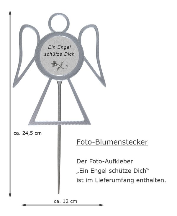 Foto-Blumenstecker "Engel" in silberfarben hell-mit Foto-Aufkleber und Text  "Ein Engel schütze Dich"