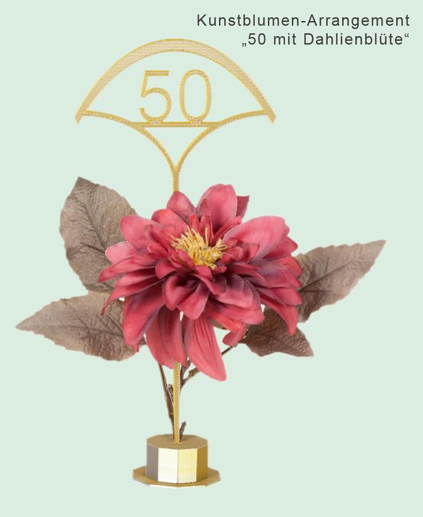Blumenstecker silber-goldfarben "50" mit Standfuß und künstlicher Dahlienblüte