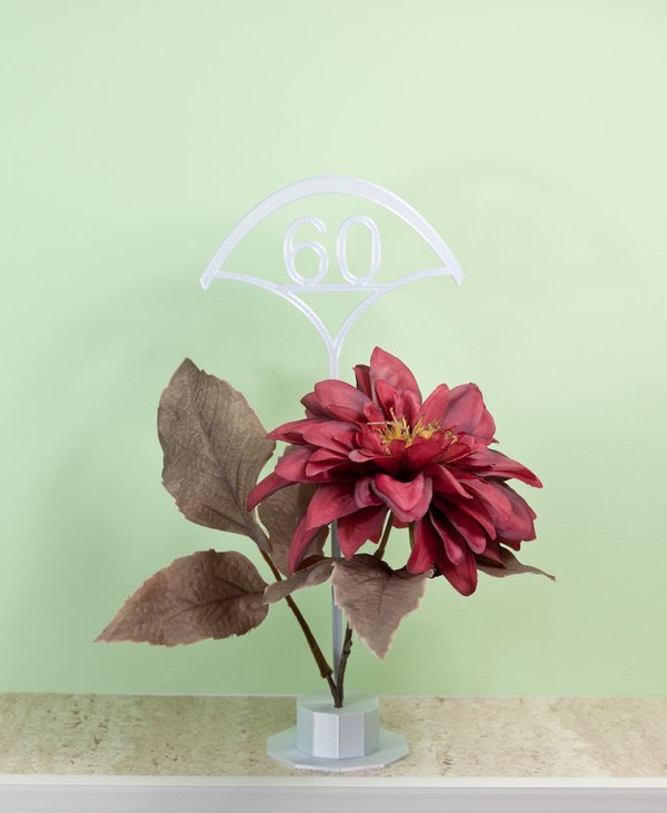 Blumenstecker weiß "60" mit Standfuß und künstlicher Dahlienblüte