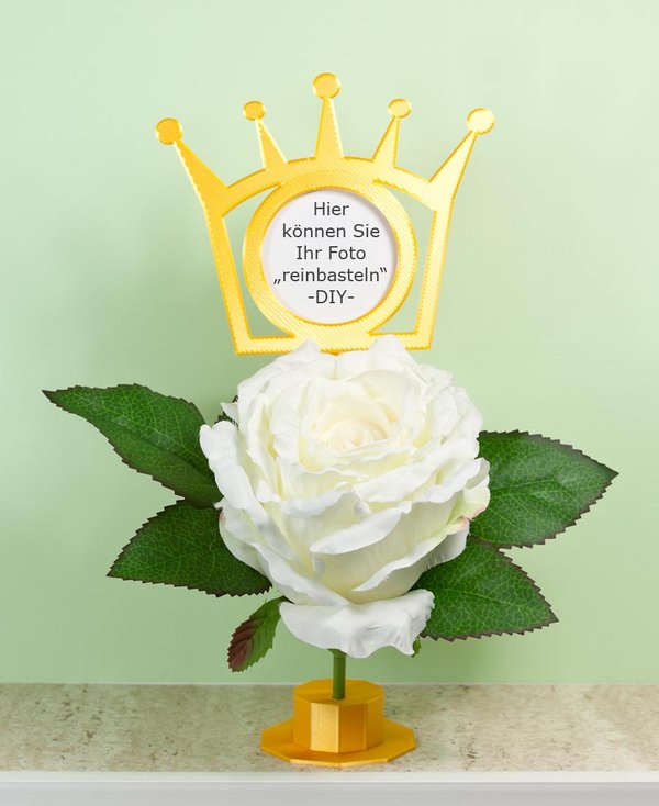 Kreativ-Set Blumenstecker Krone gelb-goldfarben -zum selber machen- mit Standfuß und cremefarbener Rose