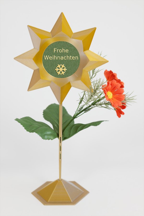 Beispiel-Dekoration - Blumenstecker "Stern silber-goldfarben"  mit Standfuß - an dem Standfuß befestigt ist eine rote Blüte mit einigen Blättern - eingesetztes Foto: grüner Hintergrund und Text "Frohe Weihnachten"
