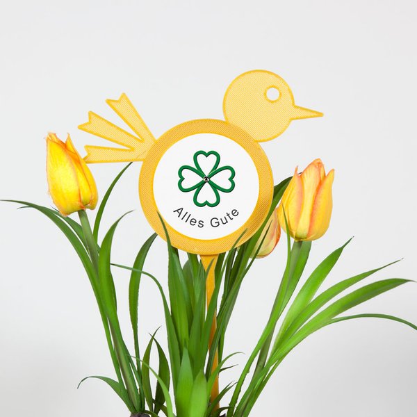 Gelber Blumenstecker -Form Vogel- mit Fotoaufkleber "Alles Gute" - dekoriert mit gelben Tulpen