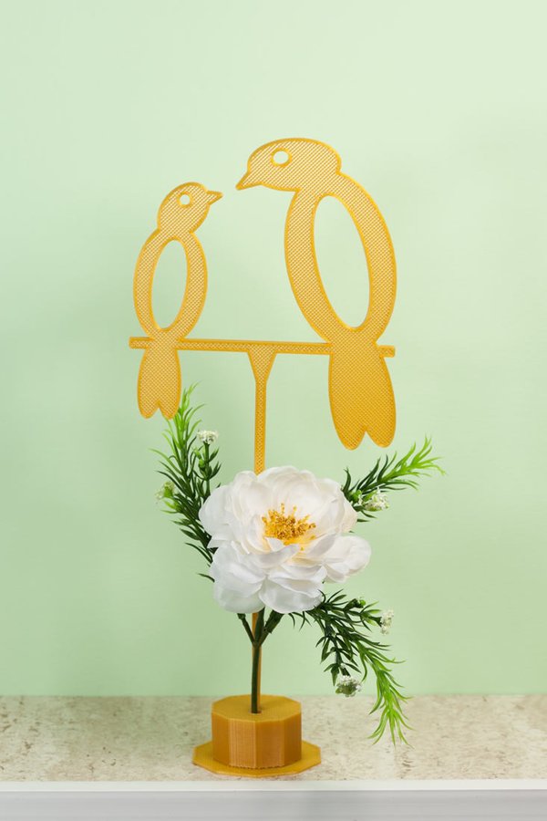 Blumenstecker "Zwei Vögel" gelb mit Standfuß und Kunstblumen