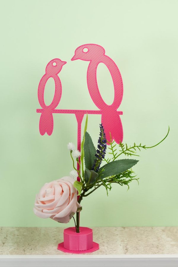 Blumenstecker "Zwei Vögel" pink mit Standfuß, rosafarbener Schaumrose und Kunstblumen