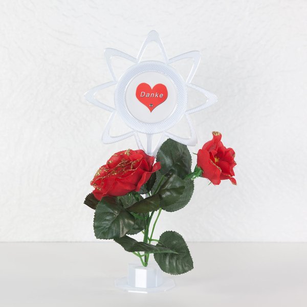 Blumenstecker selber machen-DIY-Blume 1- weiß mit Fotoaufkleber "Danke"-Deko-Beispiel mit roten Kunstrosen