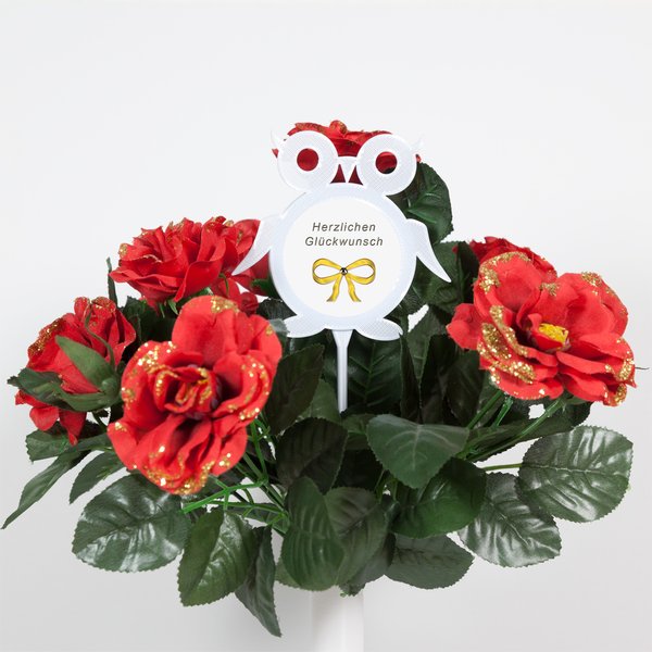 Blumenstecker zum selbst gestalten-Eule weiß-Dekorationsbeispiel mit Fotoaufkleber und roten  Rosen mit Goldglitter