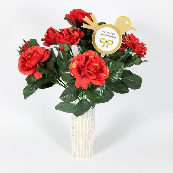 Silber-goldfarbener Blumenstecker -Form Vogel- mit Fotoaufkleber "Herzlichen Glückwunsch" - dekoriert mit einem Strauß roter Rosen in einer transparenten Vase