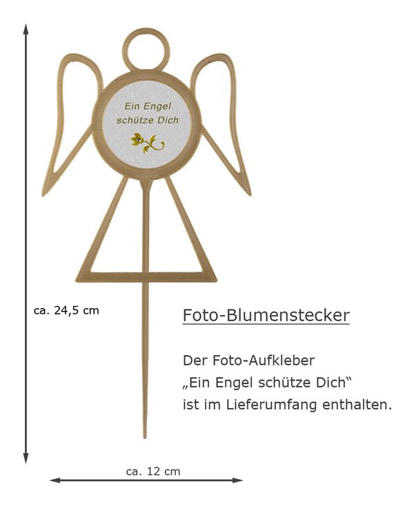 Foto-Blumenstecker "Engel" in bronzefarben-mit Foto-Aufkleber und Text  "Ein Engel schütze Dich"