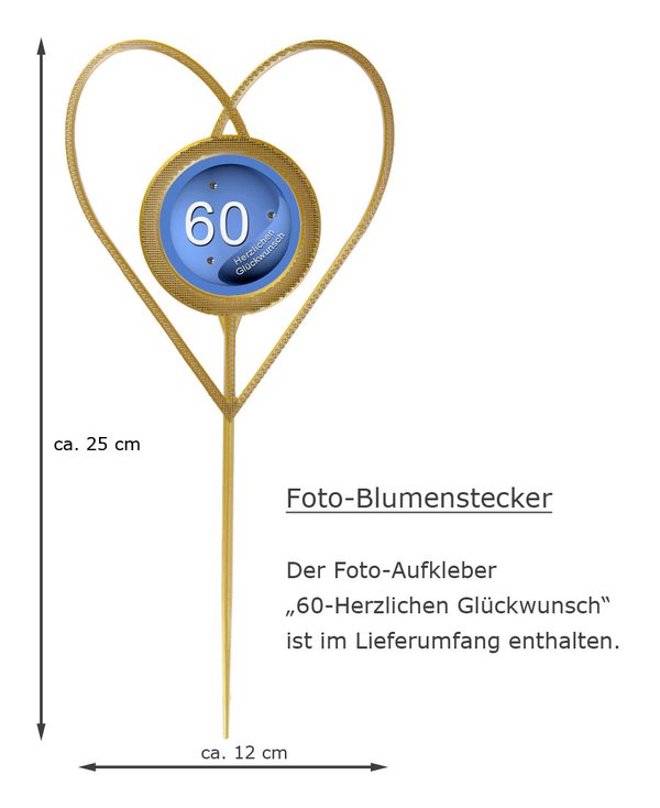 Blumenstecker Herz in silber-goldfarben mit Foto-Aufkleber und Text "60-Herzlichen Glückwunsch"