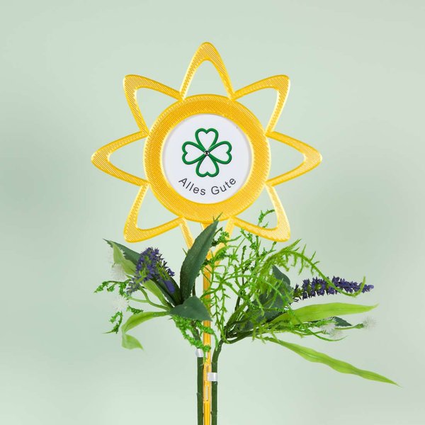 Kreativ-Set Blumenstecker zum selbst gestalten-Blumenstecker gelb-goldfarben mit Fotoaufkleber "Alles Gute" und Kunstpflanzen