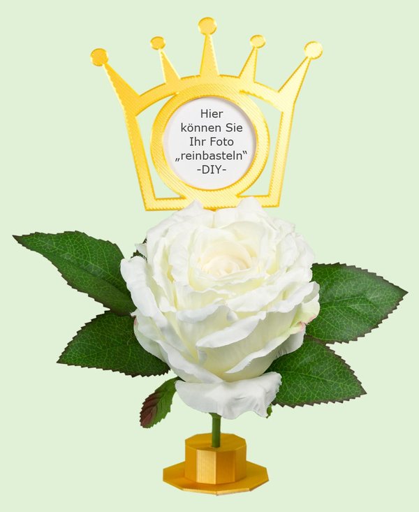 Blumenstecker selber machen-Kreativ-Set Blumenstecker Krone gelb-goldfarben mit Standfuß und cremefarbener Rose