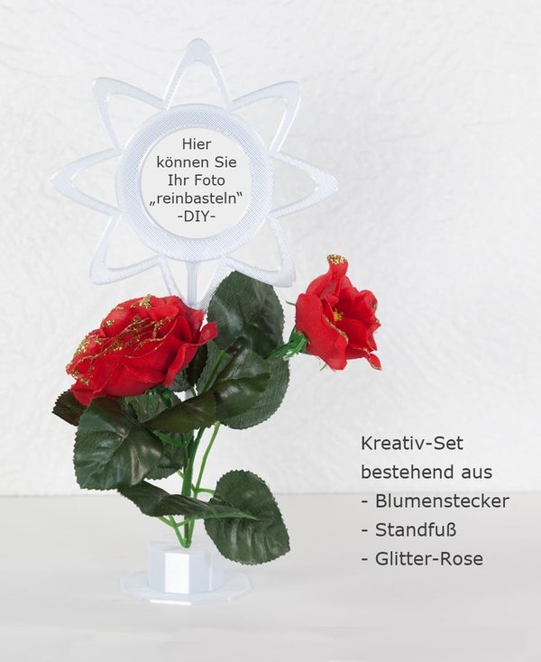 Blumenstecker selber machen-DIY-Kreativ-Set-Blume 1-1 weiß-Dekorationsbeispiel mit roter Glitter-Rose