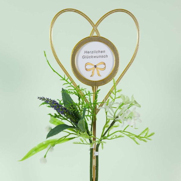 Blumenstecker selber machen-Herz silber-goldfarben mit Fotoaufkleber "Herzlichen Glückwunsch" und  Kunstpflanze